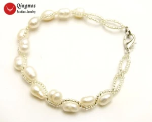 5-6mm White Rice Natural Pearl & Crystal Handwork Weave Bracelet for Women br427 - Picture 1 of 6
