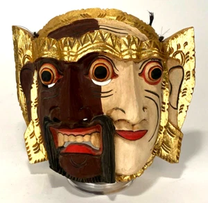 MASCHERA vintage FOLK ART in legno intagliato - due facce, tre occhi - Foto 1 di 4