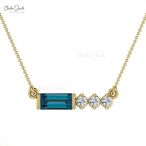 Handmade 14k Fine Gold Natural 6x3mm London Blue Topaz & Diamond Bridal Necklace - Picture 1 of 22