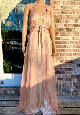 Vestido de formatura vintage anos 90 romântico regência fada floral frisado dourado champanhe halter - Imagem 1 de 4