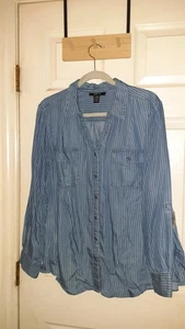 Style & Co Blue Chambray Soft  Lyocell Striped Button Up Roll Tab Sleeves Top XL - Bild 1 von 6
