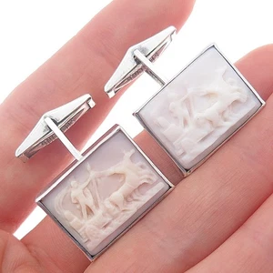 925 Sterling Antique Art Deco Real MOP Storyteller Warrior Cameo Cufflinks - Picture 1 of 8