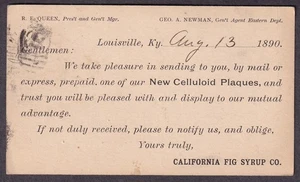 1890 ad postal card California Fig Syrup Co Louisville KY/re celluloid plaques - Picture 1 of 2