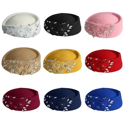 Elegant Lady Pillbox Hat Vintage Rhinestone Lace Floral Church Wedding Headwear - Image 1 of 3