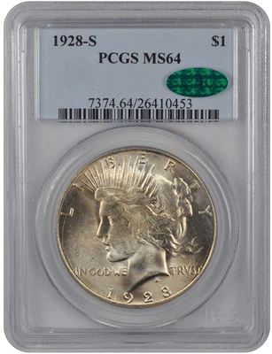 1928-S $1 Peace Dollar CAC MS64  MS 64 - Image 1 of 2