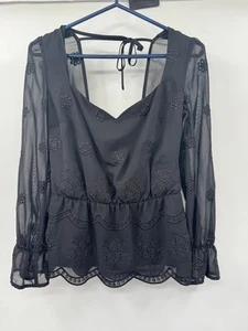 Lipsy Black Embroidered Square Neck Blouse Long Sleeve UK 12 - Picture 1 of 3