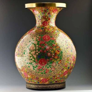 Oriental Flowers Hand Painted Wooden Vase 12 Inches - Picture 1 of 5