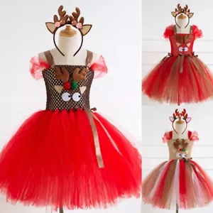 UK Kids Girls Christmas Princess Costume Party Tutu Fancy Dress Up Reindeer - Picture 1 of 19