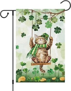 St Patricks Day Garden Flag Cat Shamrock Double Sided 12X18 Inch Welcome Small B - Picture 1 of 12