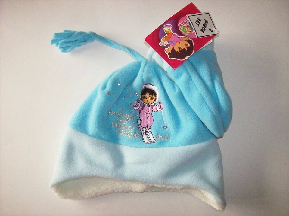 Dora the Explorer Hat Mitten Set 2pc Girls Cold Weather Blue Bunny Slopes New - Image 1 of 3