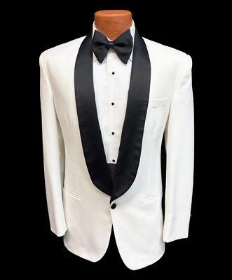 Chaqueta Esmoquin Vintage 44L Blanca Mantón Negro Solapa Raffinati EE. UU. Retro 1 Botón Foto 1 de 4