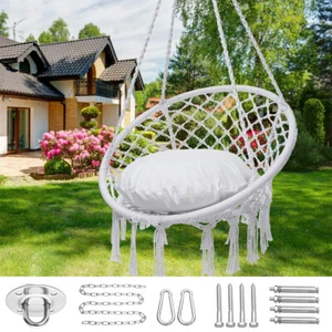 Hammock Swing Chair Hanging Rope Chair Cotton Rope Outdoor Indoor with Cushion - Picture 1 of 16