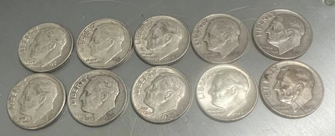 Lot of 10 Roosevelt Dimes !! 90% Silver!     Free shipping! Cover