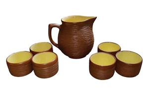 VTG Pigeon Forge Pottery Pitcher Set 6 Cups Brown Exterior Yellow Interior EUC - Picture 1 of 17