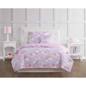 Twin 3pcs Modern Microfiber, Rainbow Unicorn Kids Bedding Quilt Set, Purple - Picture 1 of 5