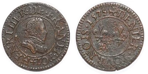 HENRI III Denier tournois 1er type de Paris 1579 Paris, Moulin des Étuve Dy.1153 - Bild 1 von 1