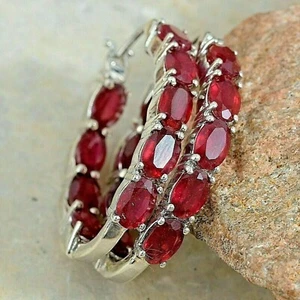 Red Ruby Women's Hoop Earrings 3CT Oval Cut Lab Created 14K White Gold Finish - Picture 1 of 3