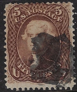 US 1863 Scott 76 used, 5c Brown Jefferson, perfs just cut at top. G-VG, (a7091 - Picture 1 of 3