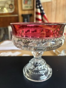 Vintage Indiana Glass Ruby Red Rim Diamond Point Candy Dish Compote Bowl - Picture 1 of 4