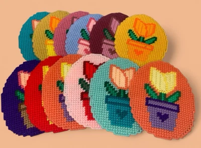 Spring Flowers Tulip Oval Hanging COMPLETED On Plastic Canvas Needlepoint Vtg. - Image 1 of 4