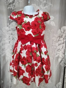EVIE ANGEL WHITE PARTY DRESS BRIGHT RED ROSES WAIST BOW CAP SLEEVES LINED 6 YRS - Picture 1 of 20
