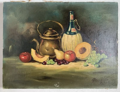 Pintura al óleo original vintage bodegón fruta vino hervidor firmado 1971 9 X 12" Foto 1 de 4