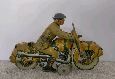 Vintage Mettoy pre war military army rider tin motorcycle.Clockwork windup toy - Image 1 of 4