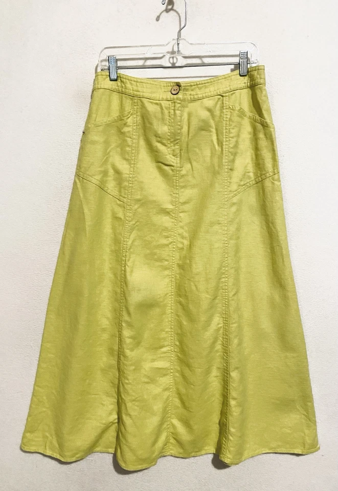 Falda Sigrid Olsen Mujer 8 Chartreuse Verde Mezcla de Lino Línea A Midi Boho Y2K Foto 1 de 4