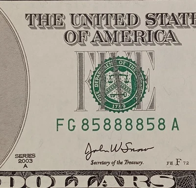 FG85888858 Binary RADAR 6 of a Kind Fancy Serial Number One Dollar Bill 2003A CU - Image 1 of 3