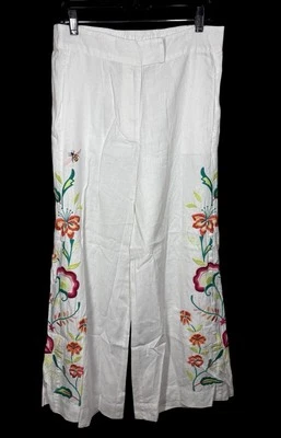 Pantalón Johnny Was M Averi de pierna ancha de lino para mujer pantalón blanco bordado Foto 1 de 4