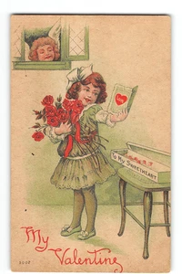 "MEIN VALENTINSTAG" Mädchen, Rosen & Amor Valentinstag 1910er Gruß Postkarte - Bild 1 von 2