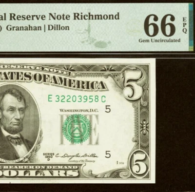 1950D $5 Federal Reserve Note PMG 66EPQ wanted gem Richmond EC Block Fr 1965-E - Image 1 of 3