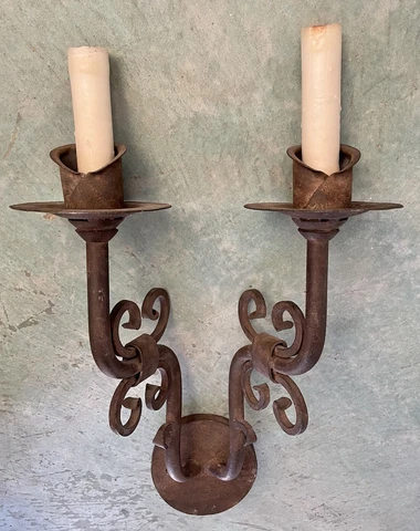 Vintage Spanish Revival Wrought Iron Wall Sconce Scroll 2 Light Fixture Cover