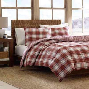 Eddie Bauer Comforter Set Full/Queen Edgewood 3-Piece Red Plaid Micro Suede - Picture 1 of 4