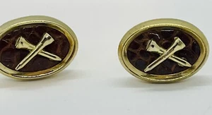 GOLF Cufflinks Leather Background Gold Tone Tees Men’s Oval - Picture 1 of 11