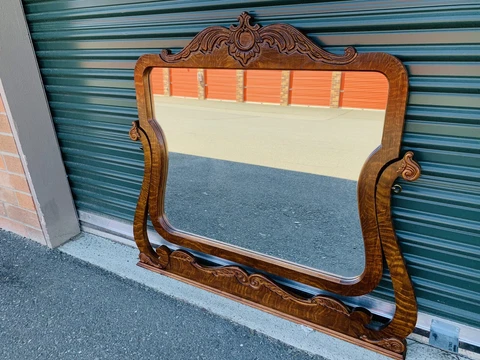 Beautiful Antique Victorian Tiger Oak Wood American Carved Dresser Mirror Cover