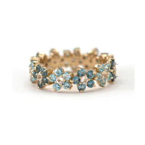 Blue Topaz & Real Diamond Full Eternity Flower Band Ring In 14k Yellow Gold  - Picture 1 of 3