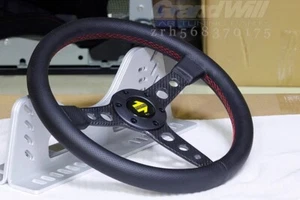 Volante deportivo universal perforado de cuero genuino de 14' con radios de fibra de carbono - Imagen 1 de 9