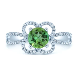 14k Oro Blanco Verde Turmalina Diamante Anillo Floral Flor Trébol Corte Redondo - Imagen 1 de 2