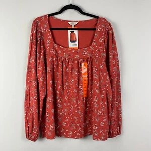 Lucky Brand Floral Blouse Size XXL Red Square Neck Long Puff Sleeve Cotton Blend - Picture 1 of 12