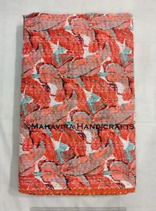 Leaf Print 100% Pure Cotton orange Kantha Quilt Coverlet Twin size Bedspread - Picture 1 of 5