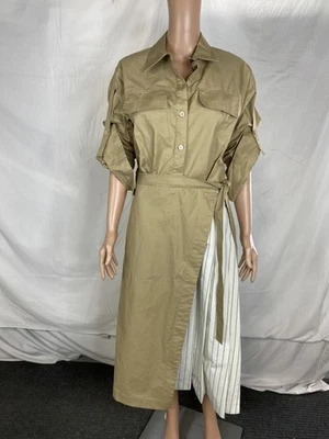 3.1 Phillip Lim Womens Utility Shirt Dress with Pleated Wrap Skirt Size 6 Khaki - Image 1 of 4
