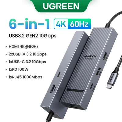 Adattatore Ethernet Gigabit HUB USB C 6 in 1 Con 4K60Hz HDMI PD100W Ricarica 10G - Immagine 1 di 4
