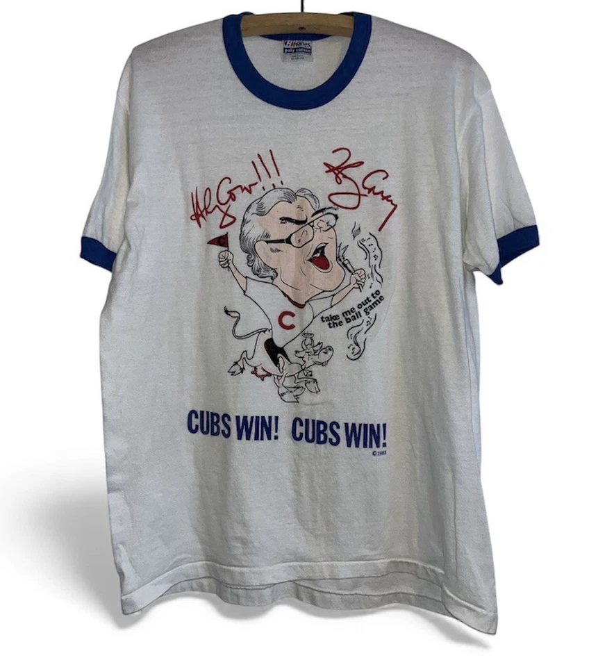 Vintage Ringer 1985 Chicago Cubs Win Harry Carey Hanes T-Shirt Size XL USA - Image 1 of 4