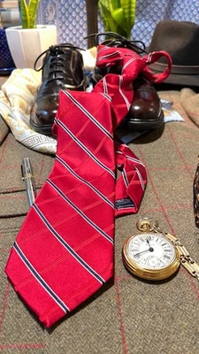 NEW IZOD Mens 100% Silk Classic Stripe Repp Necktie Red Black Silver USA - Image 1 of 4