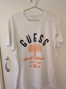 White Guess Men's T-shirt Size S Palm Tree Print Surf House CA Good Condition  - Picture 1 of 9