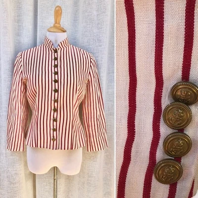 Vintage Lauren Ralph Lauren red and off white striped high neck military  jacket - Image 1 of 4