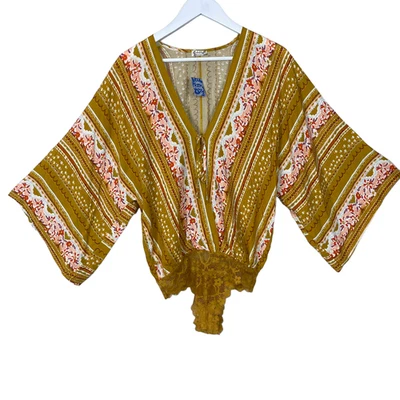 Blusa Bodysuit Free People For You Boho Dourada Feminina XS Compatível até Médio Nova Com Etiqueta - Imagem 1 de 4