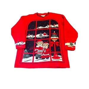 Vintage 1980er Jahre hässlicher Weihnachtspullover Fensterscheibe rot blau Teddybär Größe Large - Bild 1 von 7