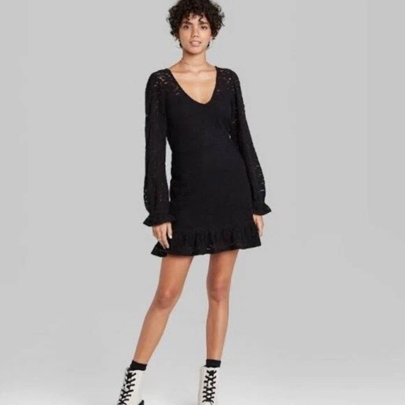 Wild Fable Women's Black Long Sleeve Brushed Lace Skater Dress - Size Small